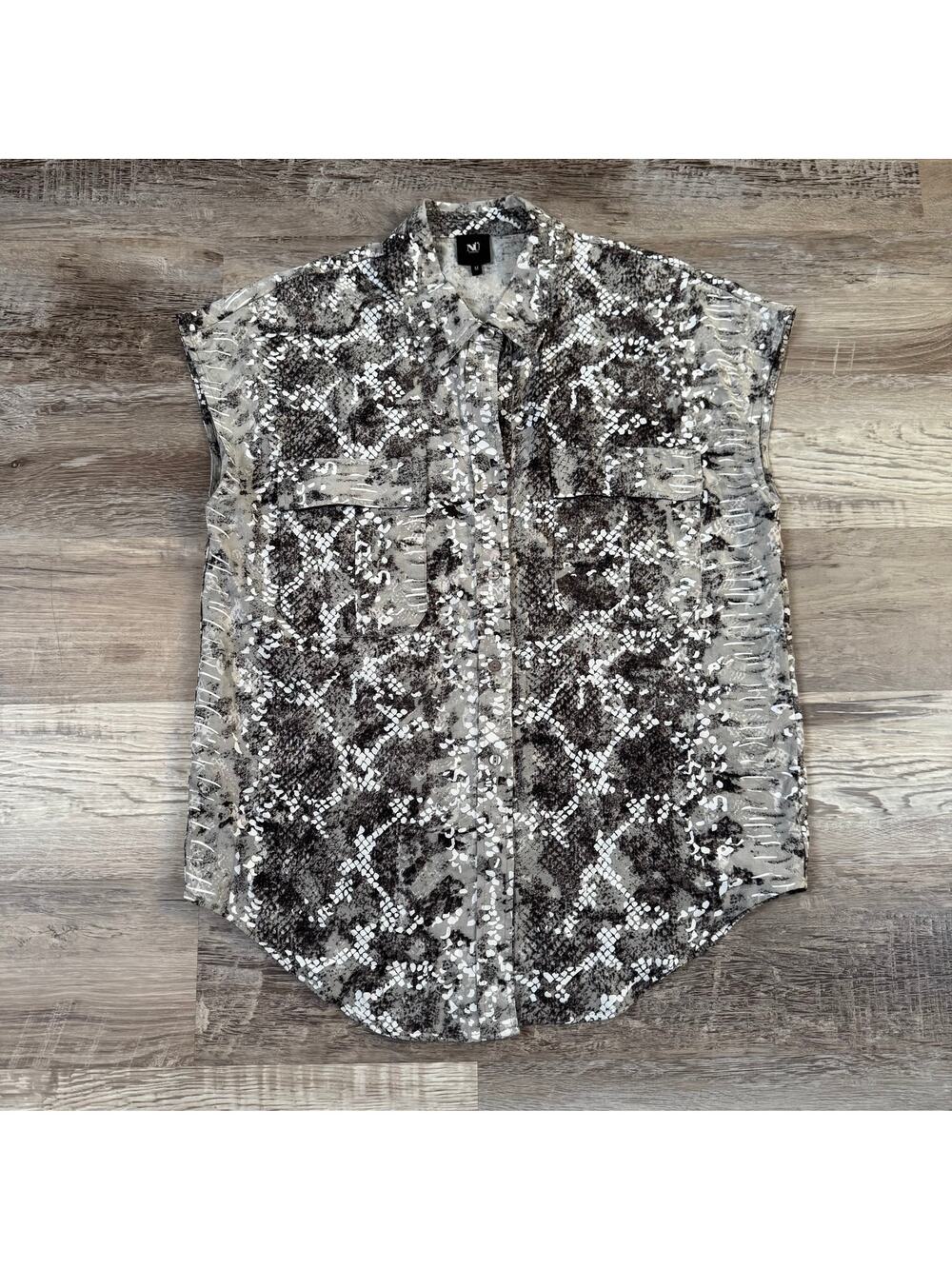 NU Denmark Snake Print Sheer Button Down Sleeveless Blouse Medium